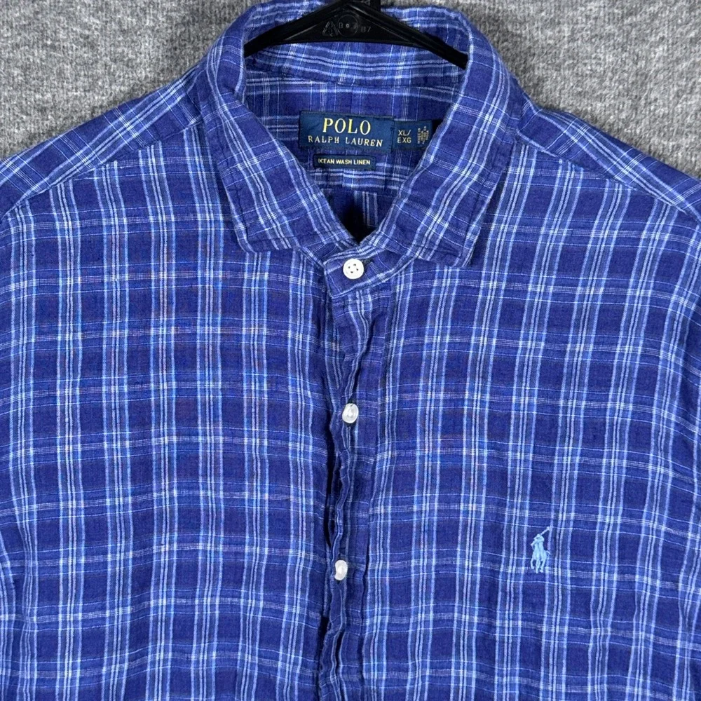 Polo Ralph Lauren Shirt Mens XL Blue Plaid Ocean Wash 100% Linen Long Sleeve